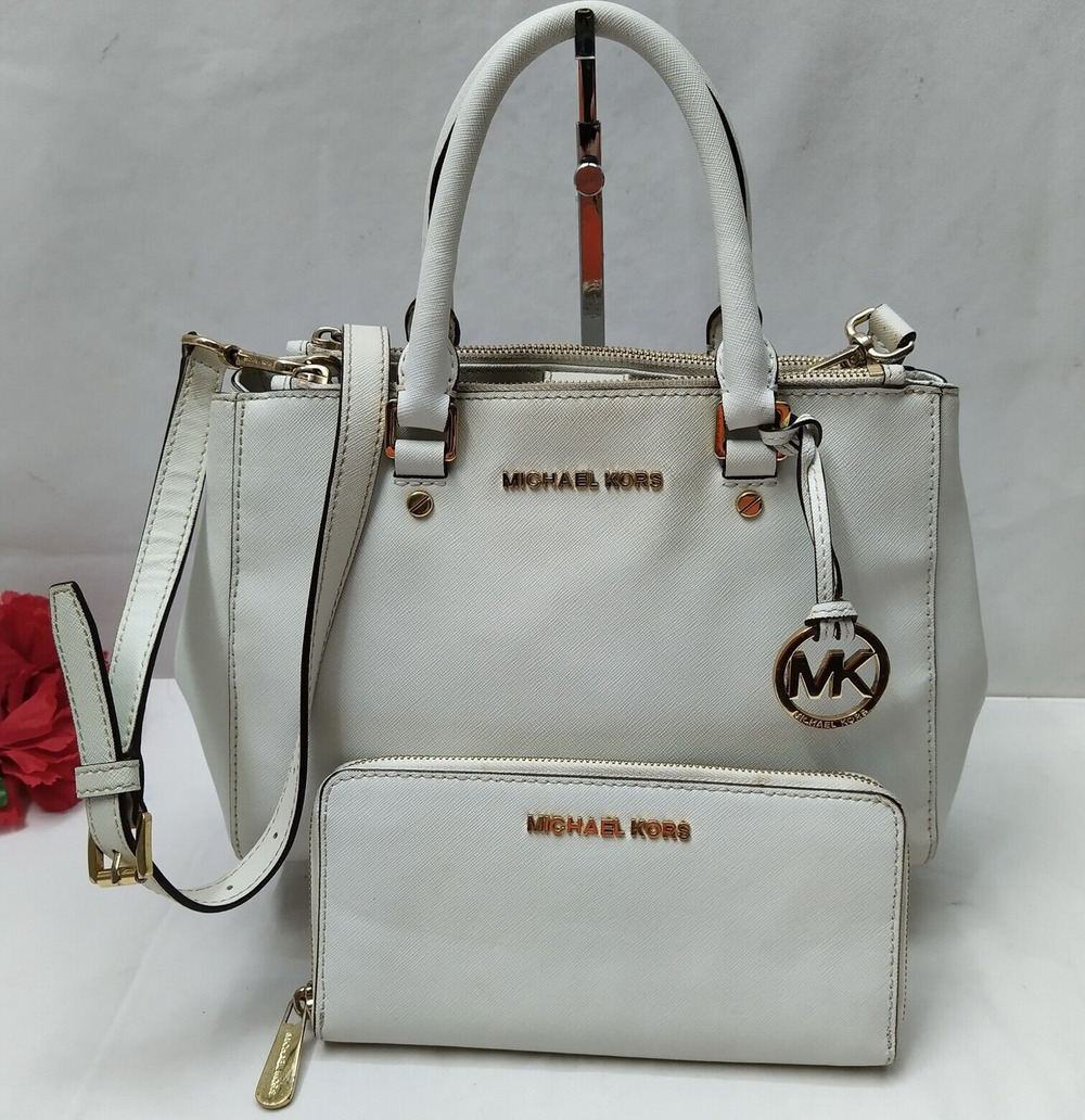 Michael Kors White Leather Carryall Zipper Satchel Bag W/ Matching Wallet